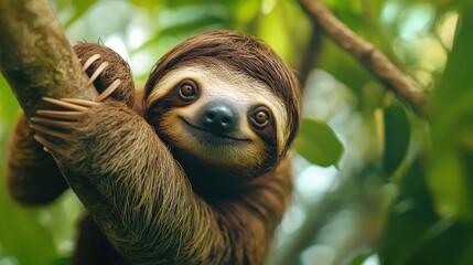 Naklejka premium A brown and white sloth is hanging from a tree branch. The sloth is smiling and he is enjoying its time in the tree