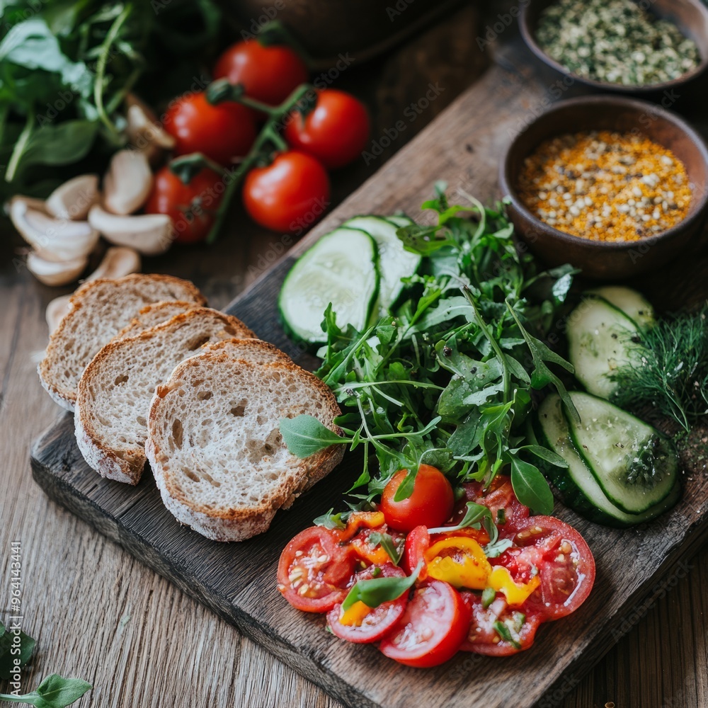 Poster Fresh vegetables and bread on a wooden cutting board, ready for a sandwich.