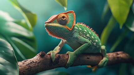 Obraz premium A green lizard is sitting on a branch. The lizard is green and has a yellow stripe on its head