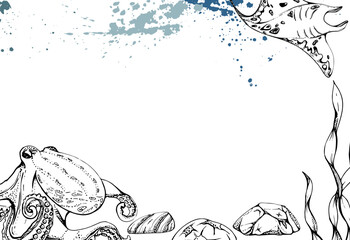 Manta ray jellyfish octopus Marine life, sea ocean underwater creatures, Ink and pen sketch hand drawn. Border frame illustration stylized, isolated on white. For zoo shop, aquarium, cosmetics, resort © Elena