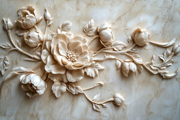 Beautiful relief sculpture of flowers on a marble wall, 