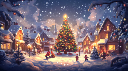 A vibrant Christmas illustration featuring a snow-covered village with colorful houses, a decorated tree in the center, and children playing in the snow under twinkling lights. 