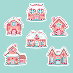 Cute little gingerbread house illustration set with pink, blue and white candy and snow decoration. Isolated vector designs suitable for stickers.