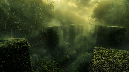 Foggy Lush Forest with Green Labyrinthine Paths