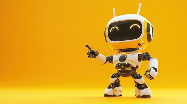 A cheerful robot character points at blank copy space, providing an inviting opportunity for text in a modern, futuristic concept.