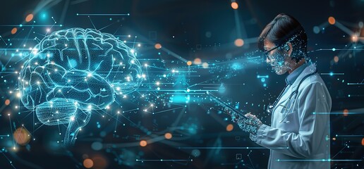 A scientist in a white coat looks at a tablet computer with a digital representation of a human brain on the screen. Concept for artificial intelligence, technology, research, and healthcare.