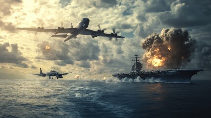 War planes attack an aircraft carrier.