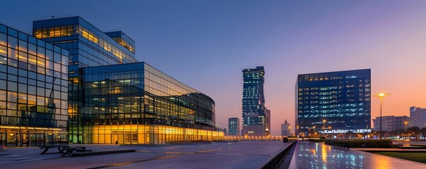Fototapeta premium Modern Glass Buildings Illuminated at Dusk with Cityscape Reflections