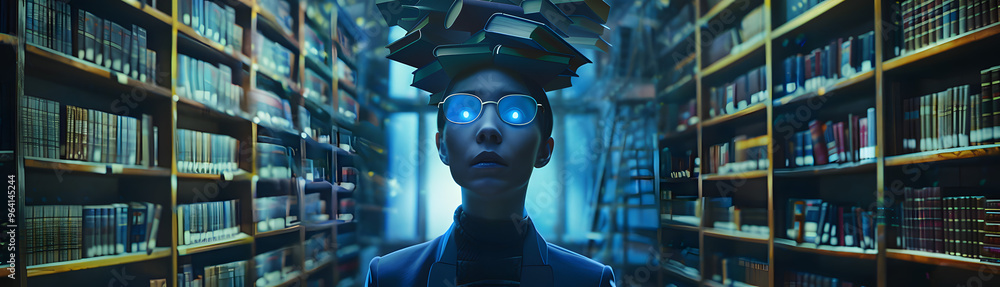 Poster a librarian with books bursting from their skull and symbolizing the concept of information overload