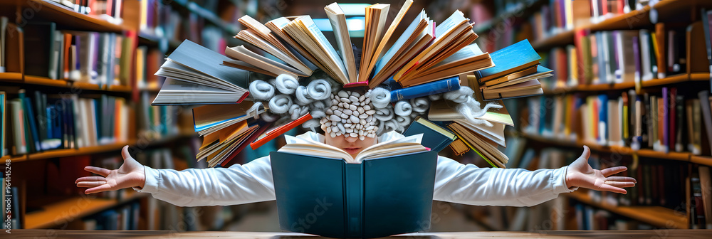 Poster a librarian with books bursting from their skull and symbolizing the concept of information overload