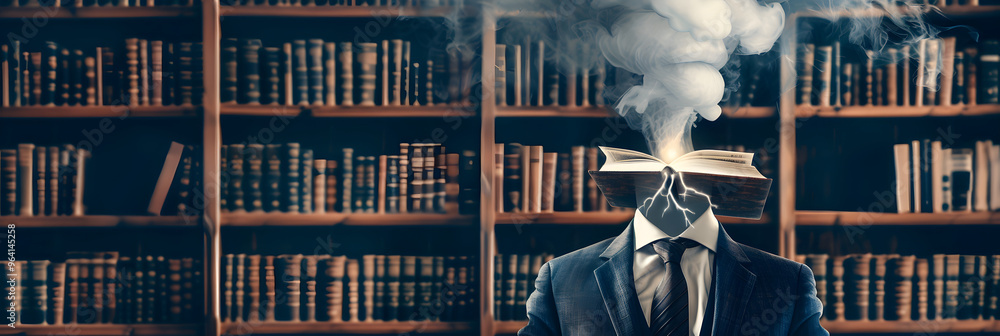 Poster a librarian with books bursting from their skull and symbolizing the concept of information overload