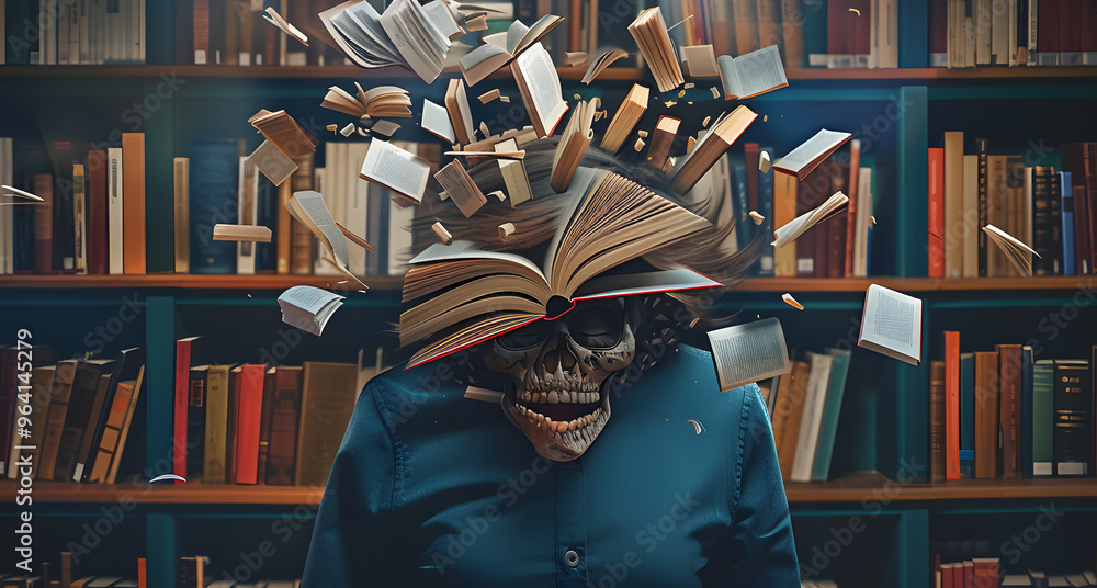 Poster a librarian with books bursting from their skull and symbolizing the concept of information overload
