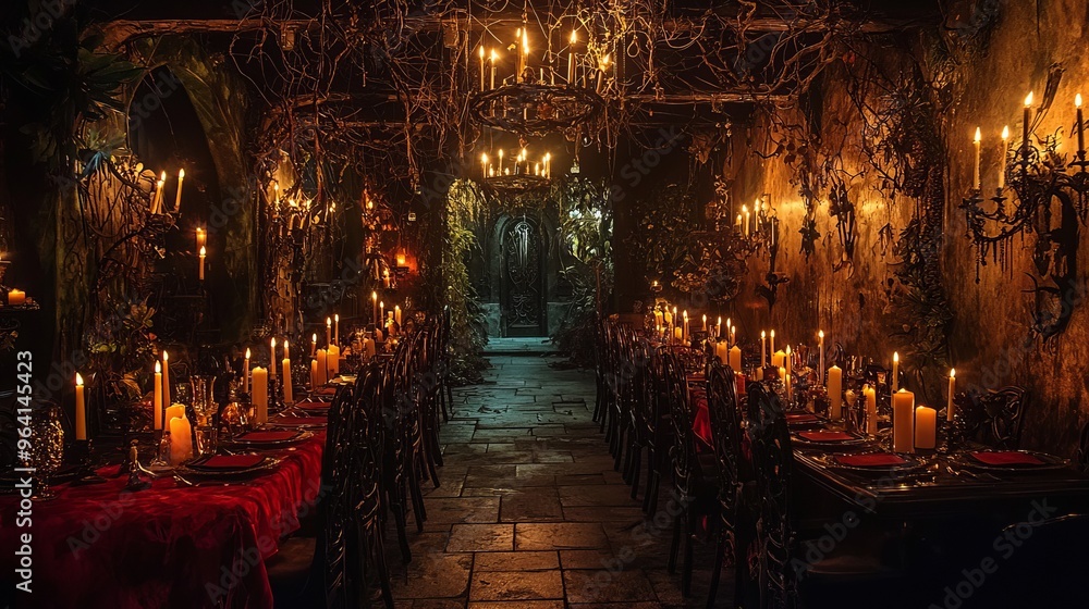 Poster Dark and mysterious dining room with candles, red tablecloth, and an entrance in the back.