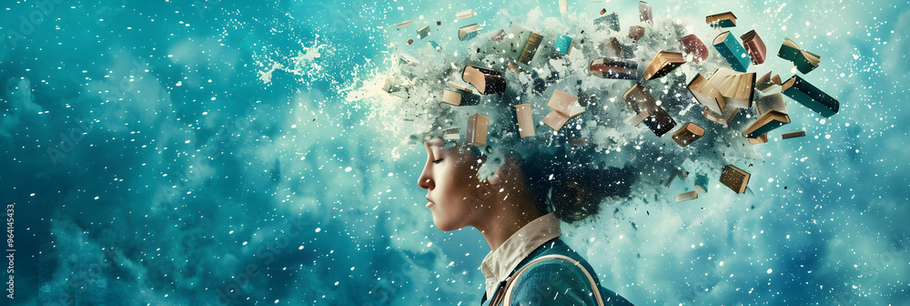 Poster a librarian with books bursting from their skull and symbolizing the concept of information overload