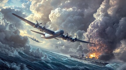 Obraz premium WWII Bomber Flying Over Damaged Aircraft Carrier.