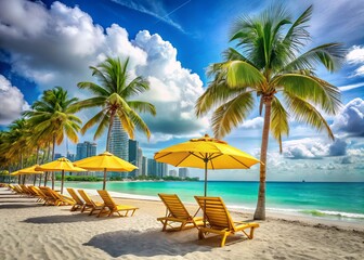 Clear turquoise water laps against the vibrant yellow beachside chairs and umbrellas, palm trees sway in the breeze, while art deco skyscrapers tower in the distance.