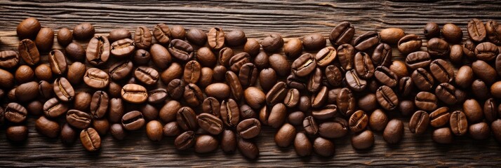 Fototapeta premium Roasted Coffee beans on wooden background, texture and copy spase, panorama top view.