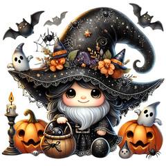 Adorable Halloween gnome dressed as a witch with a pointed hat adorned with pumpkins and flowers, holding a basket of jack-o'-lanterns. Surrounding bats, spiders, and cobwebs complete the spooky theme