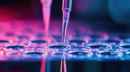 Pipette adding fluid scientists developing a new cancer treatment using Biotech with transparent screens displaying molecular data microscope displaying 3D model of a virus
