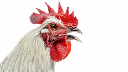 Close up of a proud rooster s head showcasing vibrant red comb and striking eyes on a white background
