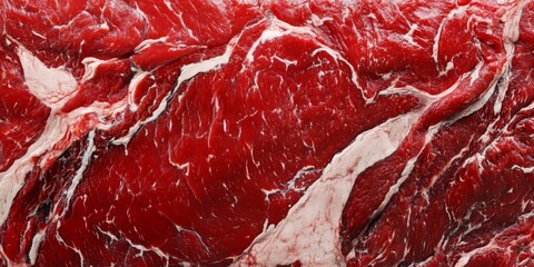 Detailed and closeup fresh raw red marbled beef texture showcases rich colors and unique textures