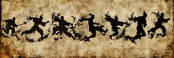A medley of martial artists in mid-combat. Overlaid on a stylized Japanese ink wash painting. Merchandise design. Advertising. Ancient disciplines concept. 