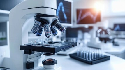 microscope biotech science with transparent screens displaying molecular data