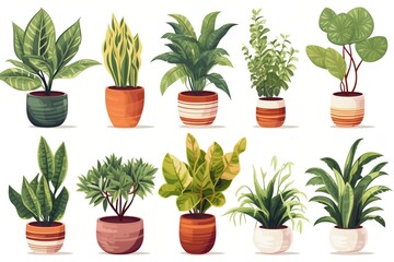 Collection of beautiful plants in ceramic pots isolated on white background 