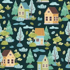 Seamless pattern with cute colorful houses and forest trees in flat style. Children's Background with country houses, spruce and clouds. Cartoon texture for fabric, wallpaper, clothes. © Siawi_art