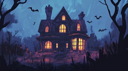 Fototapeta premium Scary Halloween party scene with haunted castle and spooky bats flying in the dark night sky