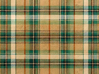 Woven tartan pattern featuring subtle green, beige, and blue hues on a warm background, with thin and thick stripes merging in a traditional Scottish design.
