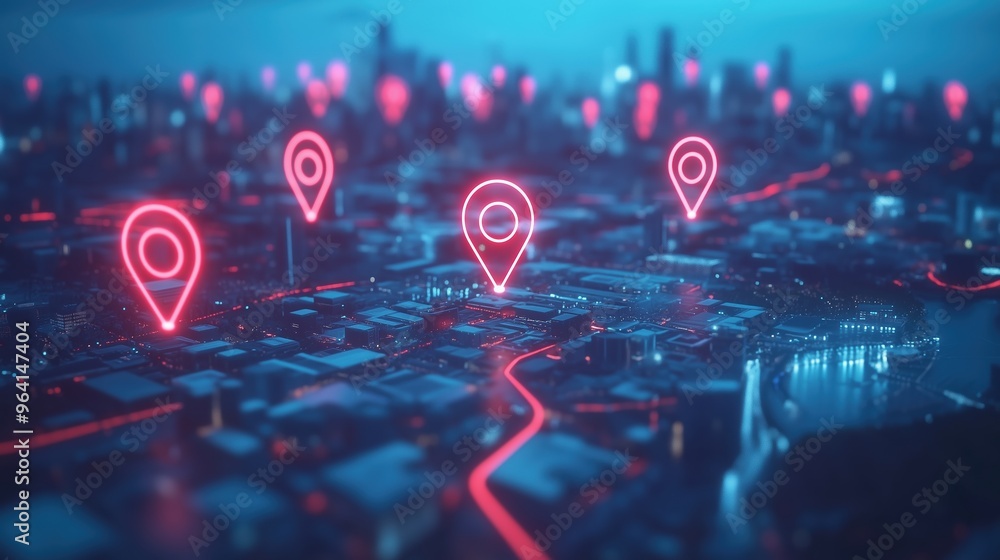 Poster 3d rendering of a modern cityscape with glowing red and blue location pins on a map background, symb