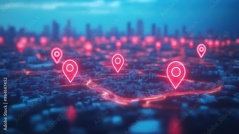Poster 3d rendering of a modern cityscape with glowing red and blue location pins on a map background, symb