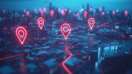 3D rendering of a modern cityscape with glowing red and blue location pins on a map background, symbolizing global network connectivity, technological advancement, and data sharing. This vibrant scene