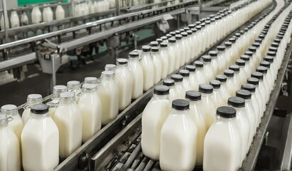 Obraz premium Milk factory. Robotic factory line for processing and bottling of milk