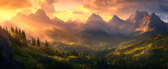 Fototapeta premium Majestic Mountain Sunset: A Serene Landscape of Nature's Beauty