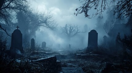 A Misty Graveyard, Cemetery with Tombstone