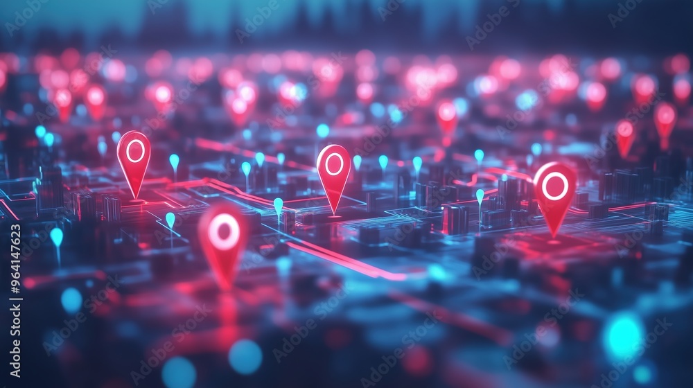 Poster 3d rendering of a modern cityscape with glowing red and blue location pins on a map background, symb