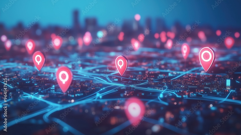 Leinwandbilder 3D rendering of a modern cityscape with glowing red and blue location pins on a map background, symbolizing global network connectivity, technological advancement, and data sharing. This vibrant scene