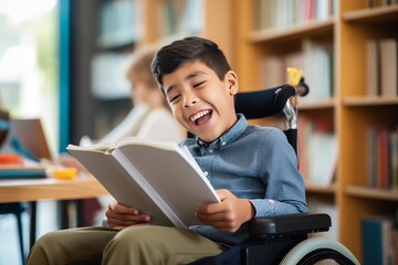 Inclusive image of a happy cute disabled school student in a wheelchair reading a book in a library. Young boy with disability learning in a classroom. Inclusion diversity in education concept 