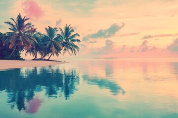 Serene Sunset Reflection Over Tropical Waters with Palm Trees