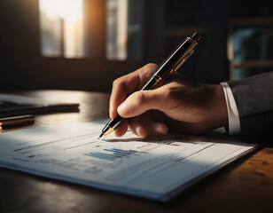 Hand holding a pen over a business plan document, strategic decision-making process