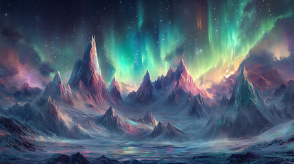 3D Embossed Crystal Mountain with Frosted Peaks and Reflective Surfaces, Illuminated by Aurora Borealis