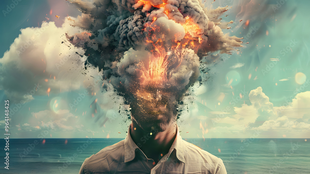 Poster a parent with an exploding head and symbolizing the concept of stress and mental health in a home en
