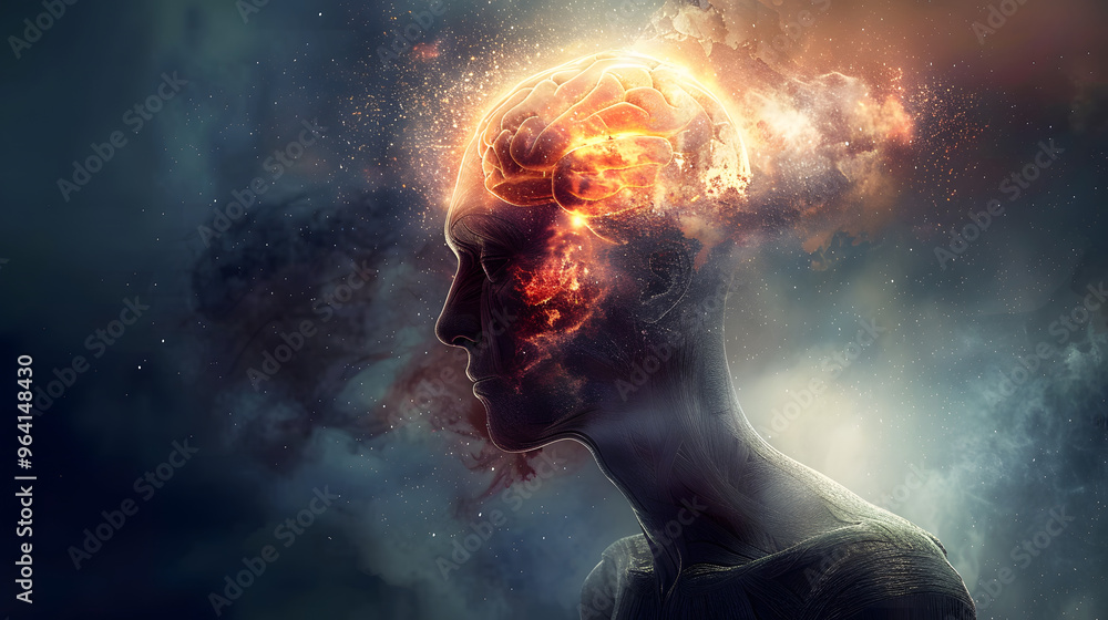 Poster a parent with an exploding head and symbolizing the concept of stress and mental health in a home en