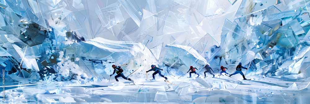 Poster a patchwork of winter olympians in action. set against a backdrop of abstract and crystalline ice fo