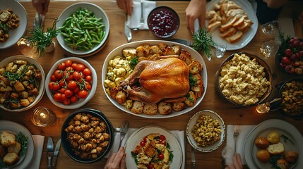 Top view of Thanksgiving food on table