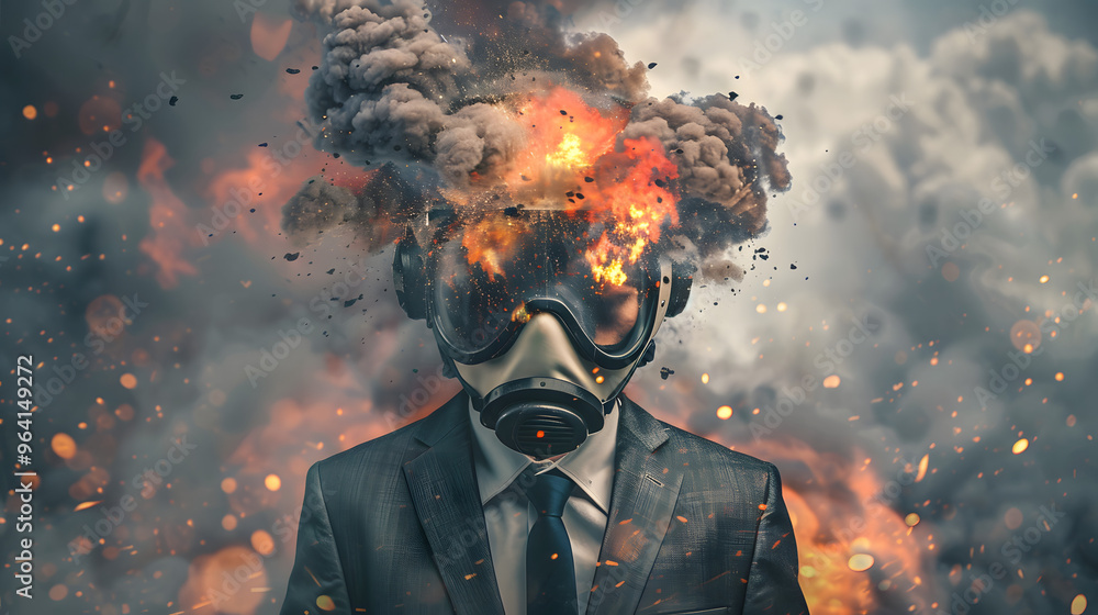 Poster a pilot with an exploding head and symbolizing the concept of stress and mental health in an aviatio