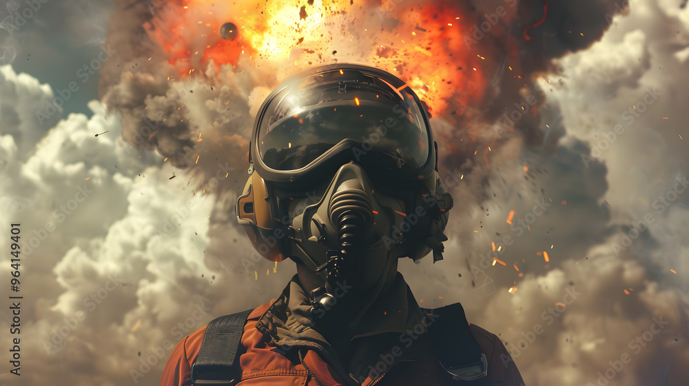 Poster a pilot with an exploding head and symbolizing the concept of stress and mental health in an aviatio