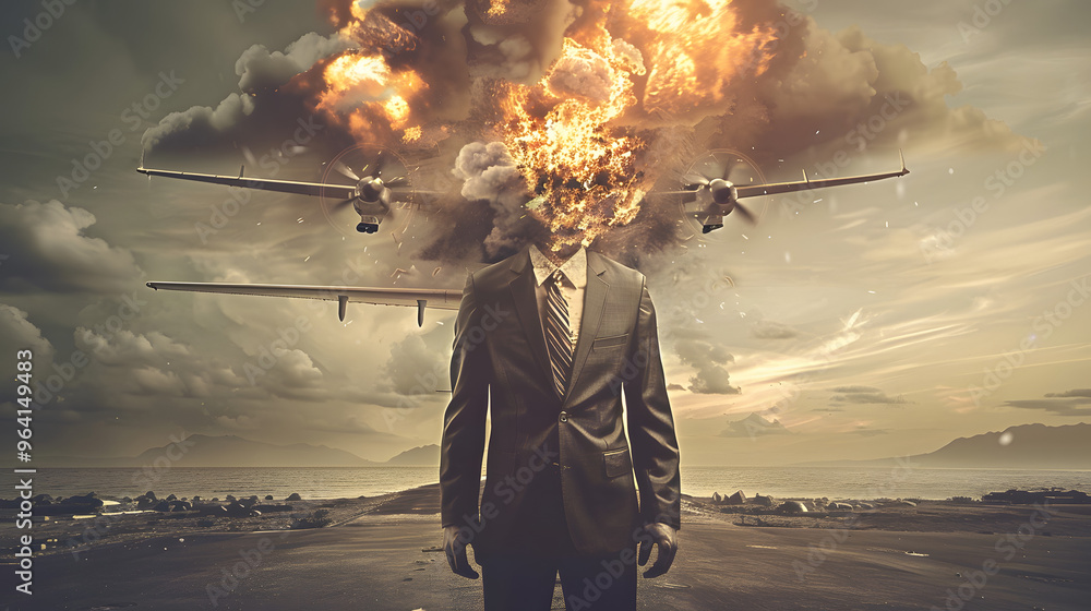 Poster a pilot with an exploding head and symbolizing the concept of stress and mental health in an aviatio